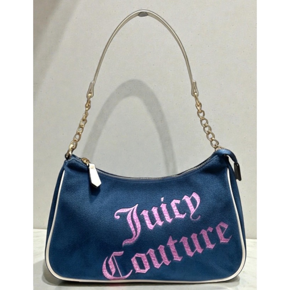 Juicy Couture Better Together Regal Blue Velour Pink Logo Hobo Shoulder Bag Y2K
